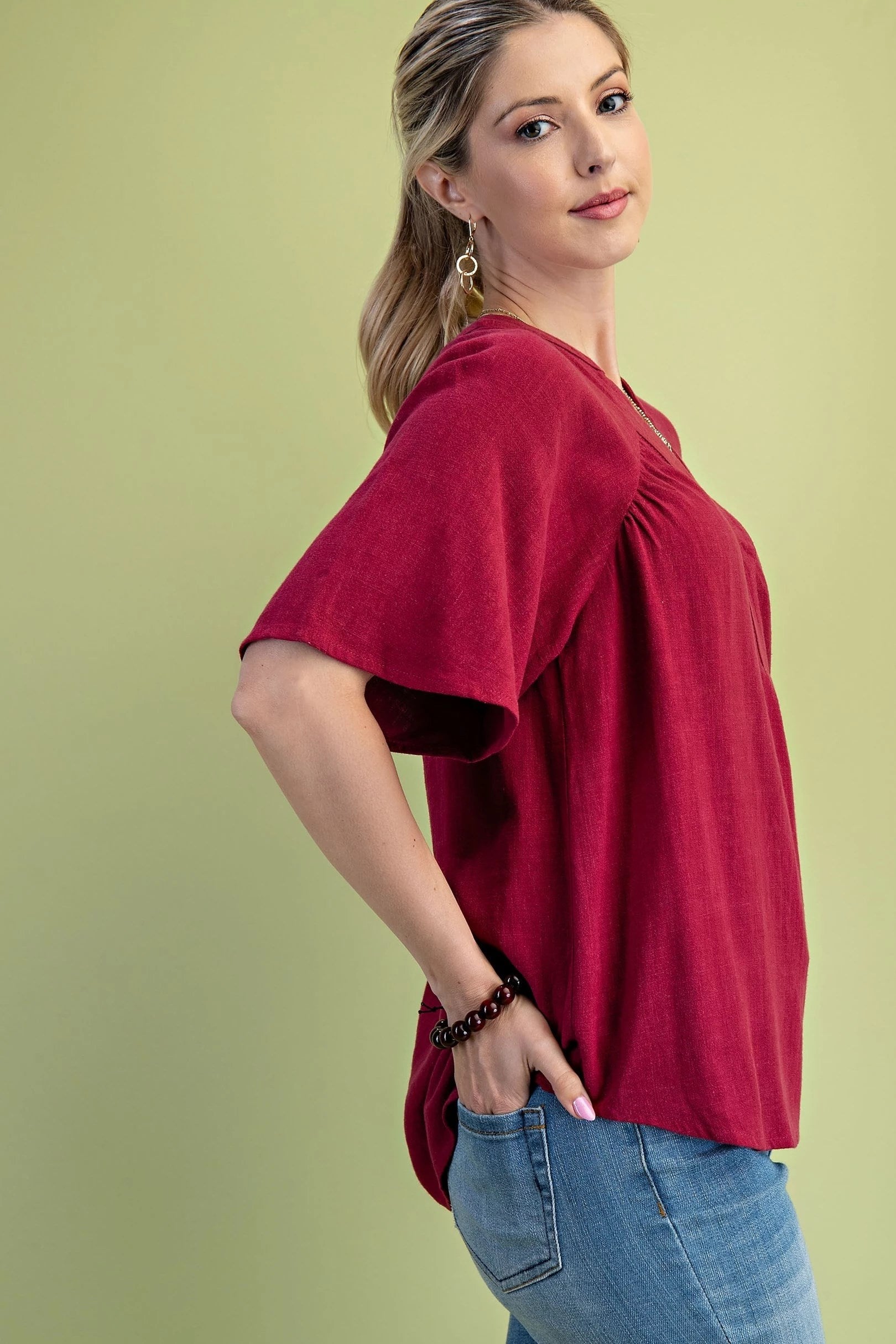 Burgundy Washed Linen Blend Top
