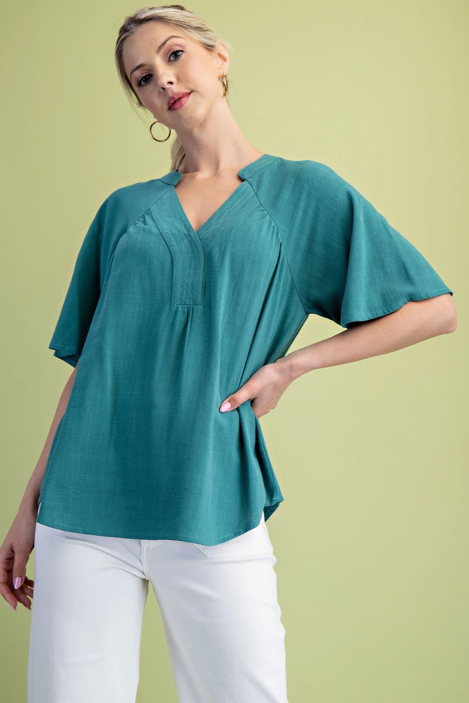 Peacock Washed Linen Blend Top