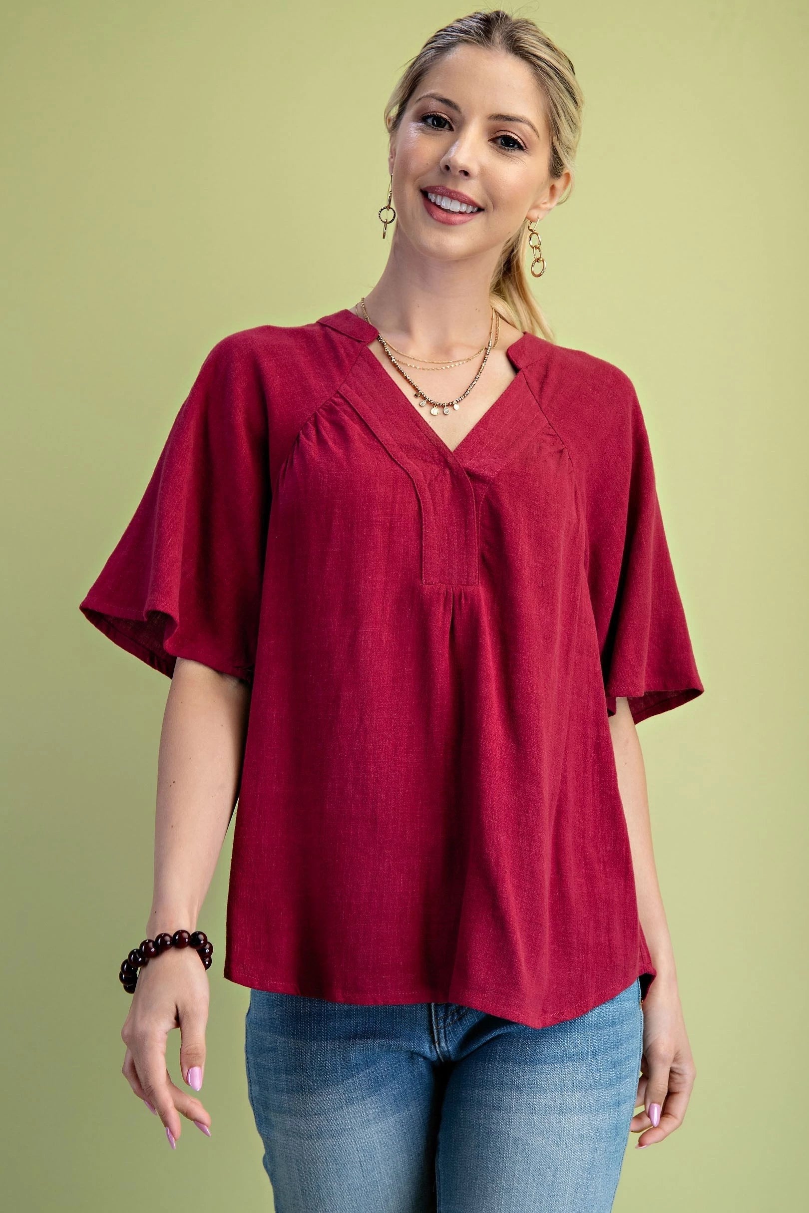 Burgundy Washed Linen Blend Top
