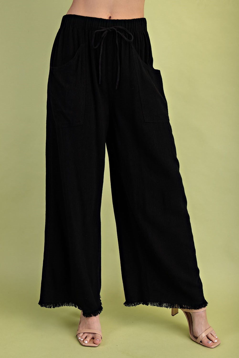 Black Linen Blend Frayed Wide Leg Pants