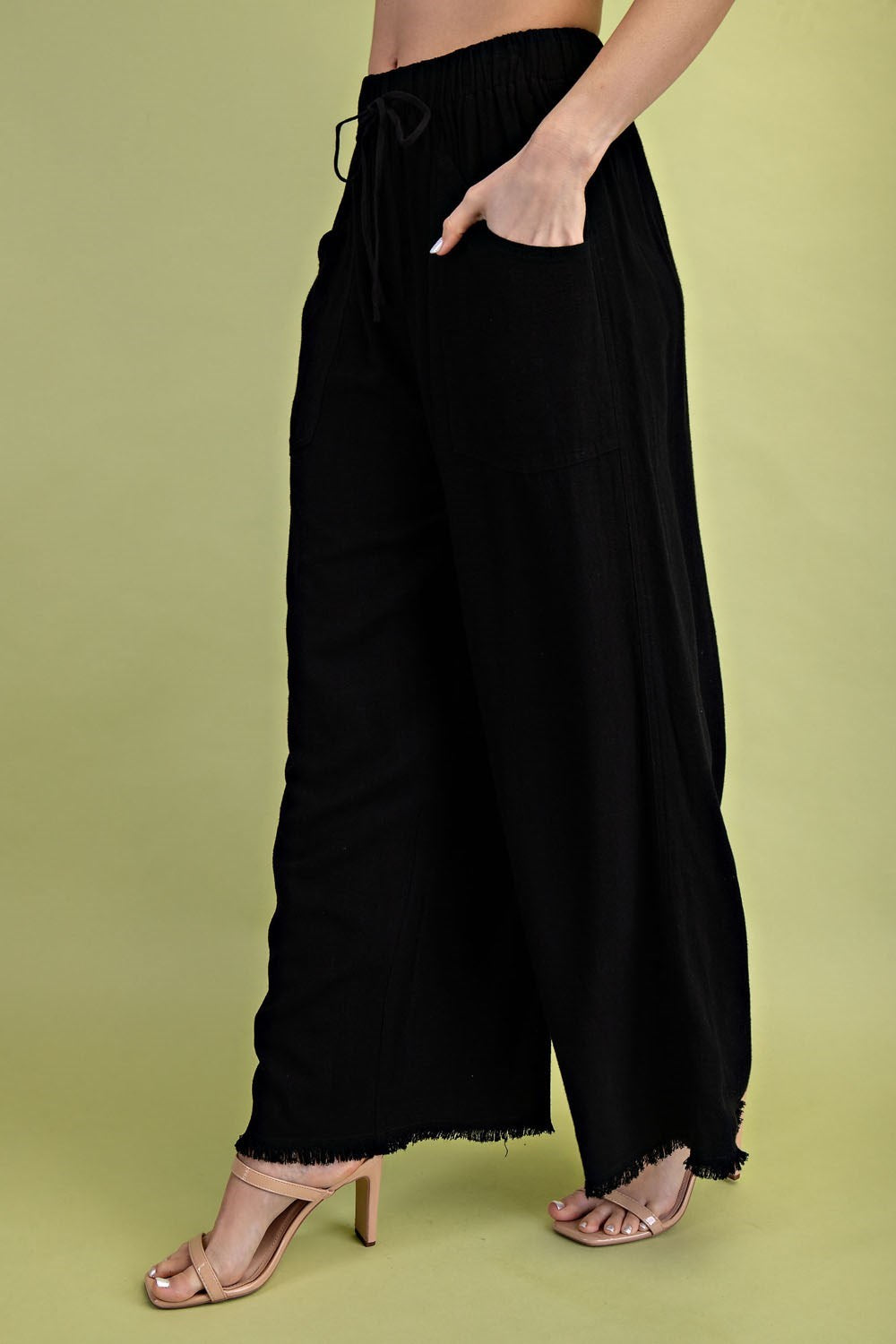 Black Linen Blend Frayed Wide Leg Pants