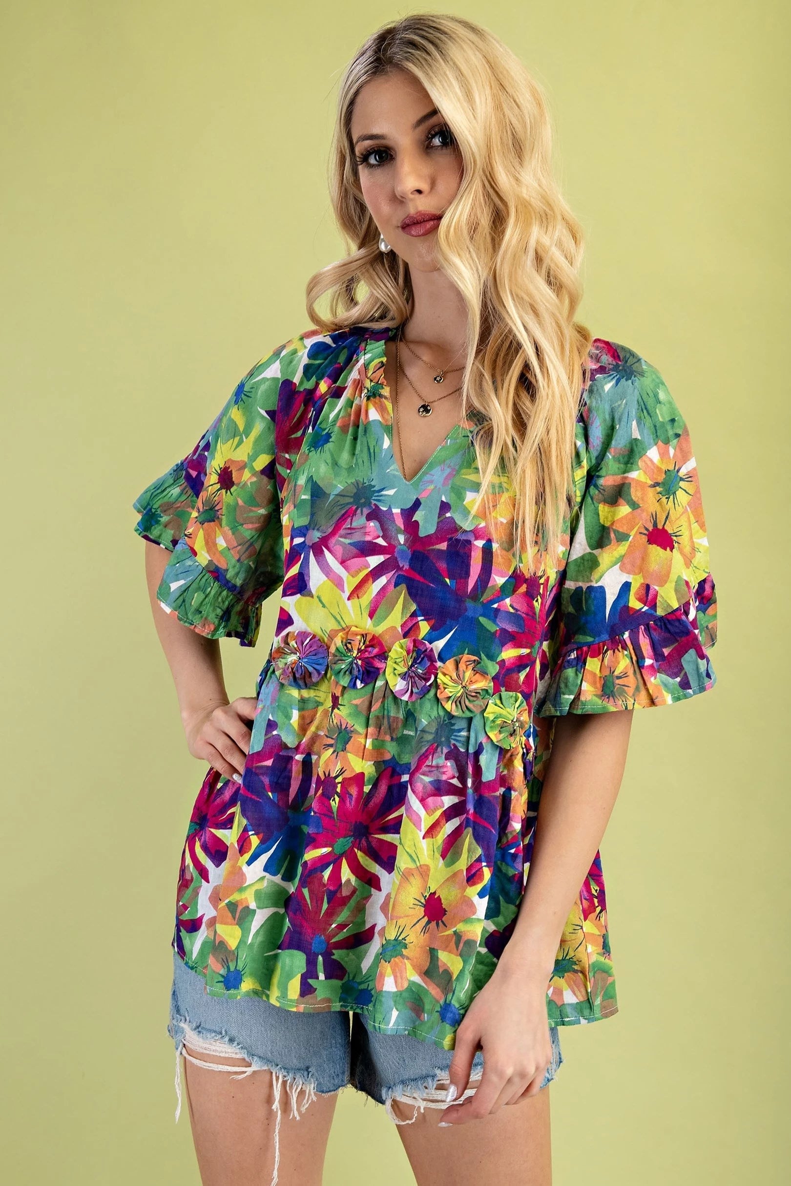 Green Mix Boho Bloom Rosette Top