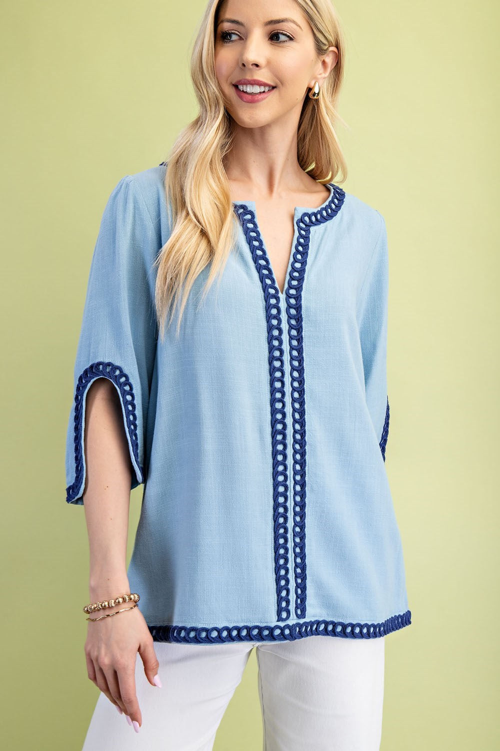 Light Blue Linen Blend Embroidered Tunic