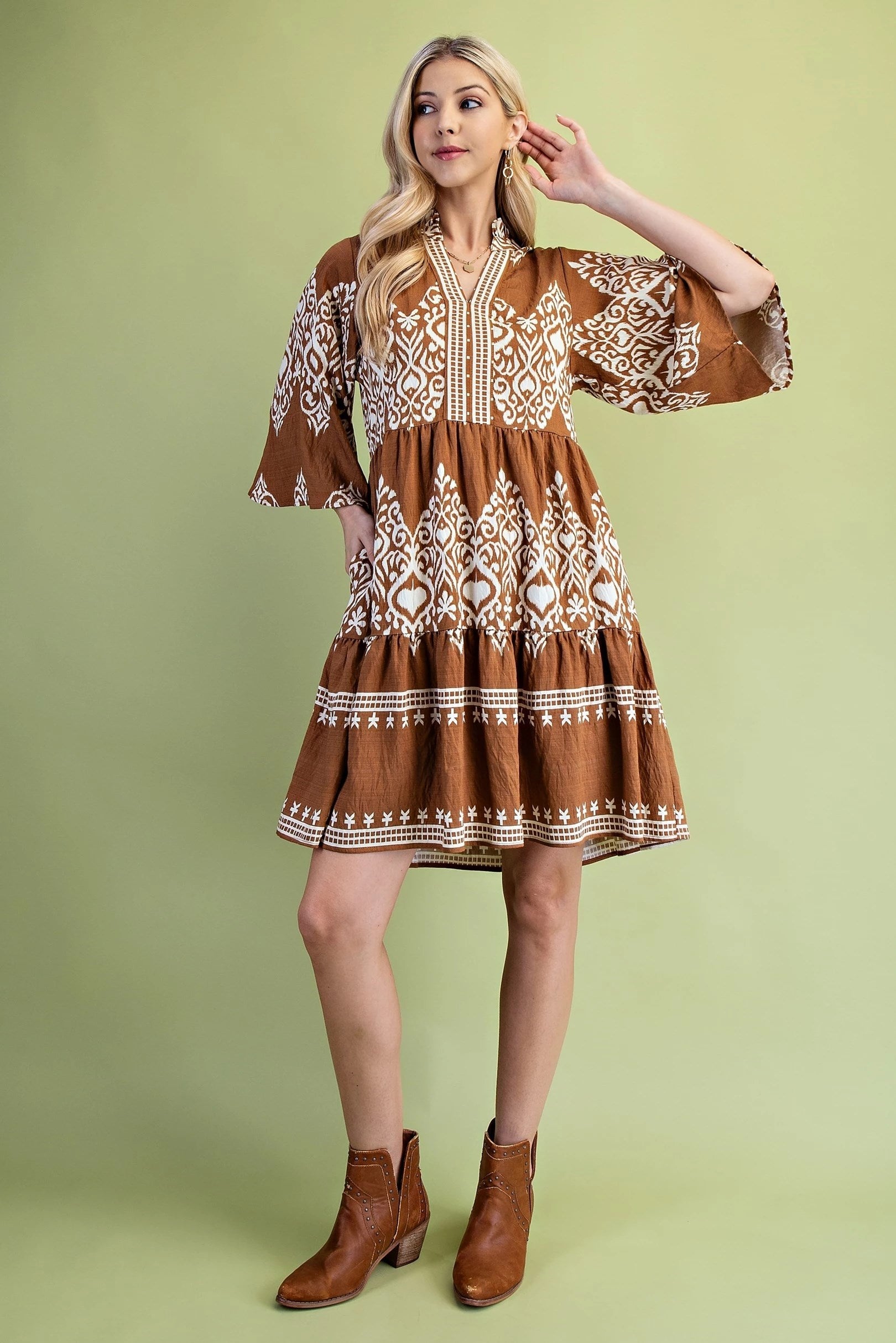 Camel Brown w/ Cream Tiered Mini Dress