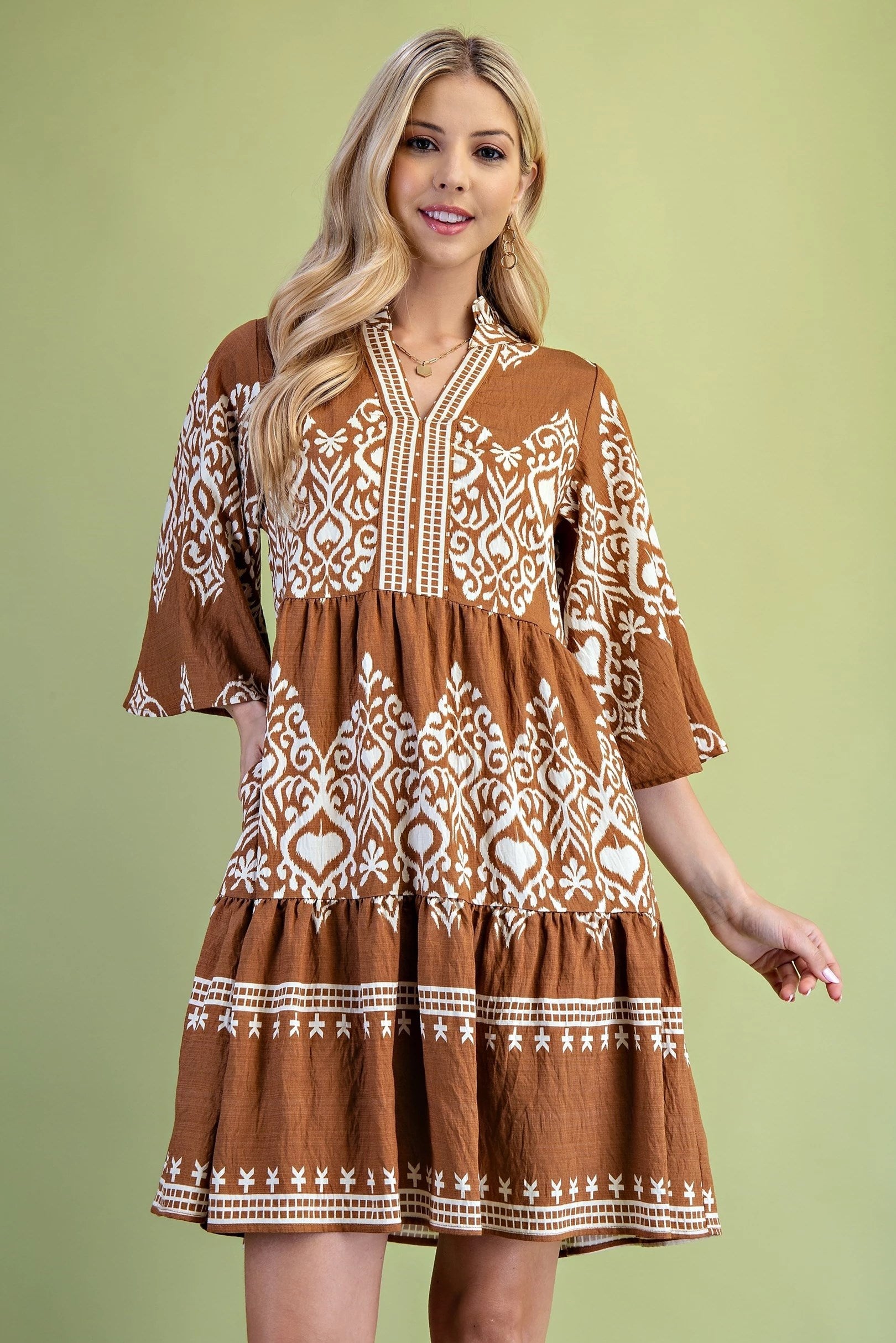 Camel Brown w/ Cream Tiered Mini Dress