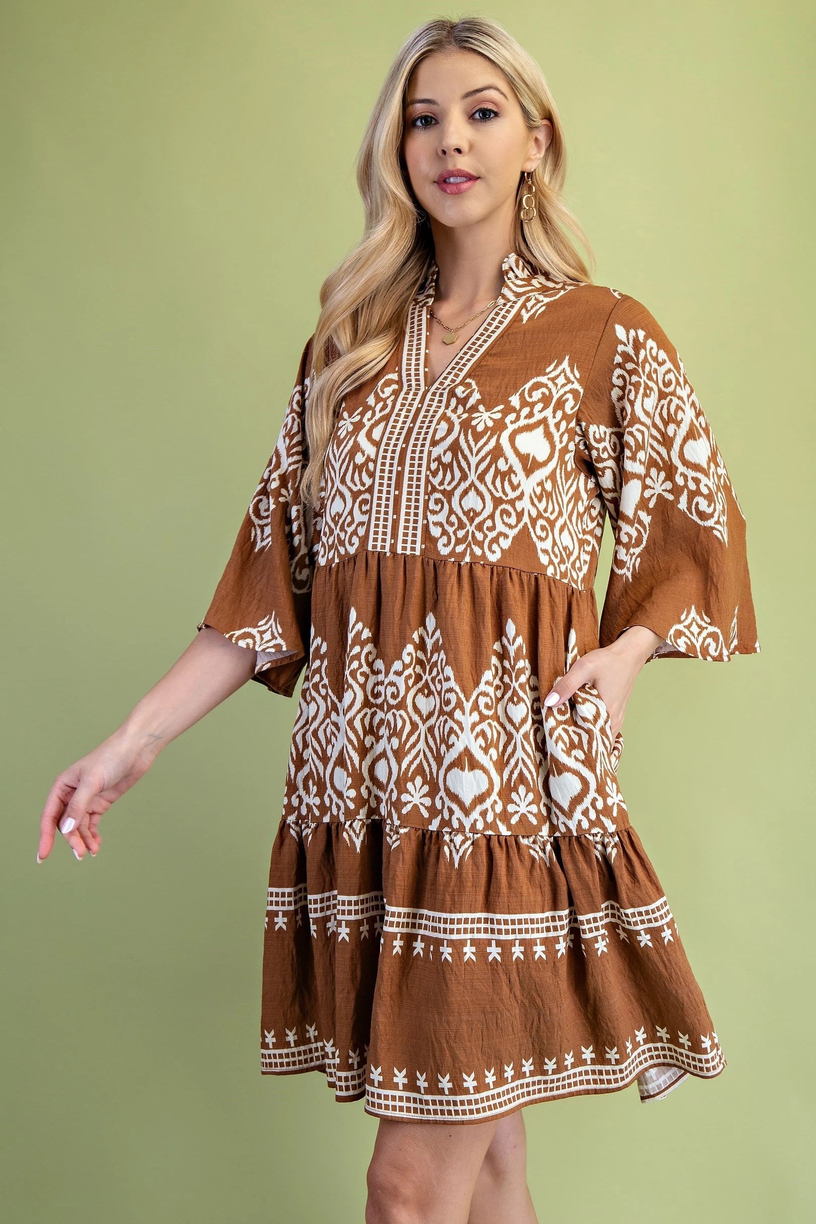 Camel Brown w/ Cream Tiered Mini Dress