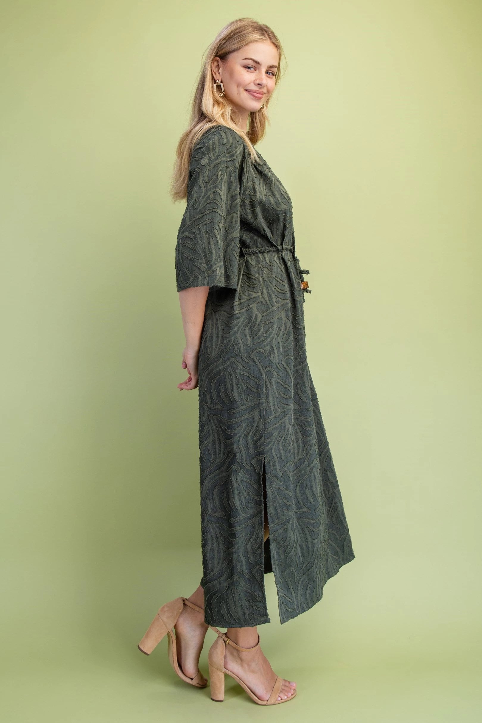 Olive Green Textured Midi Dress