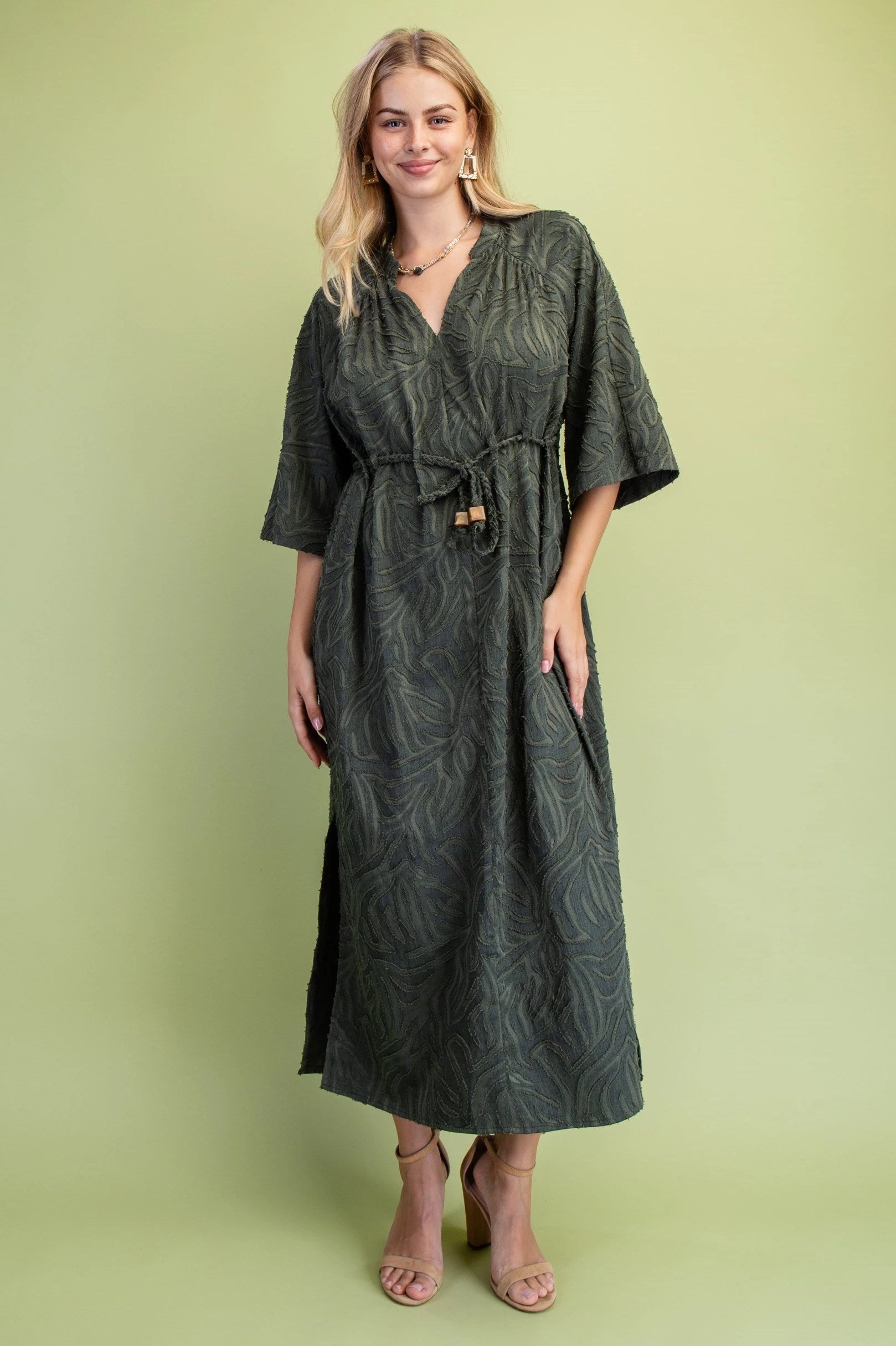 Olive Green Textured Midi Dress