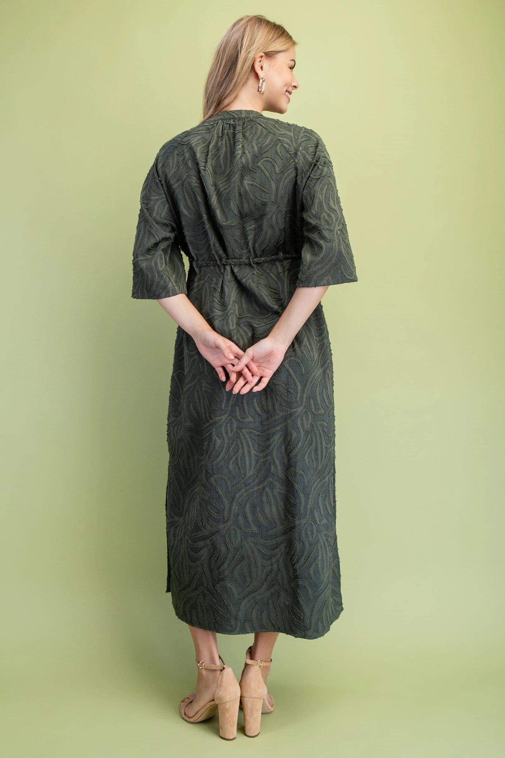 Olive Green Textured Midi Dress