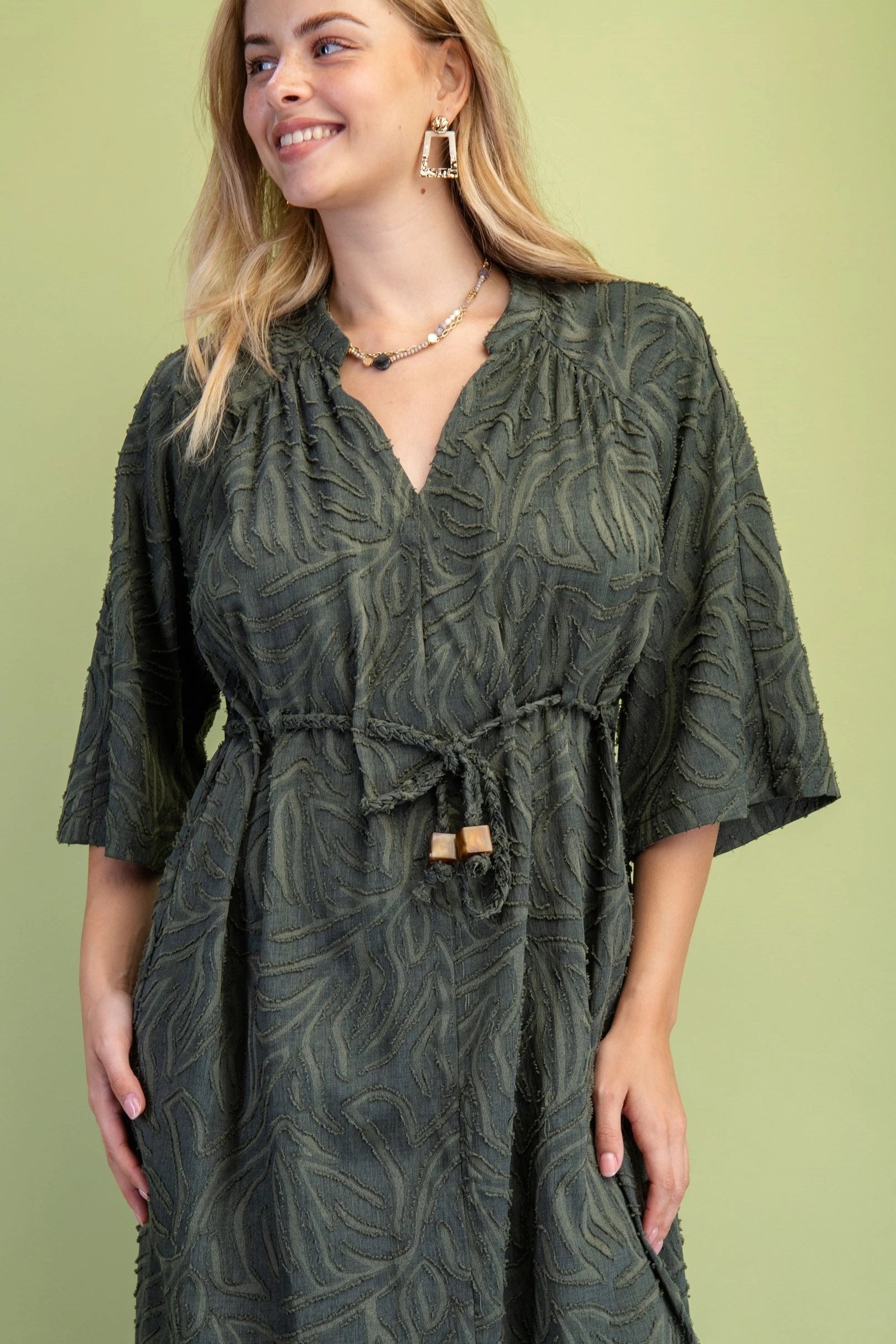Olive Green Textured Midi Dress