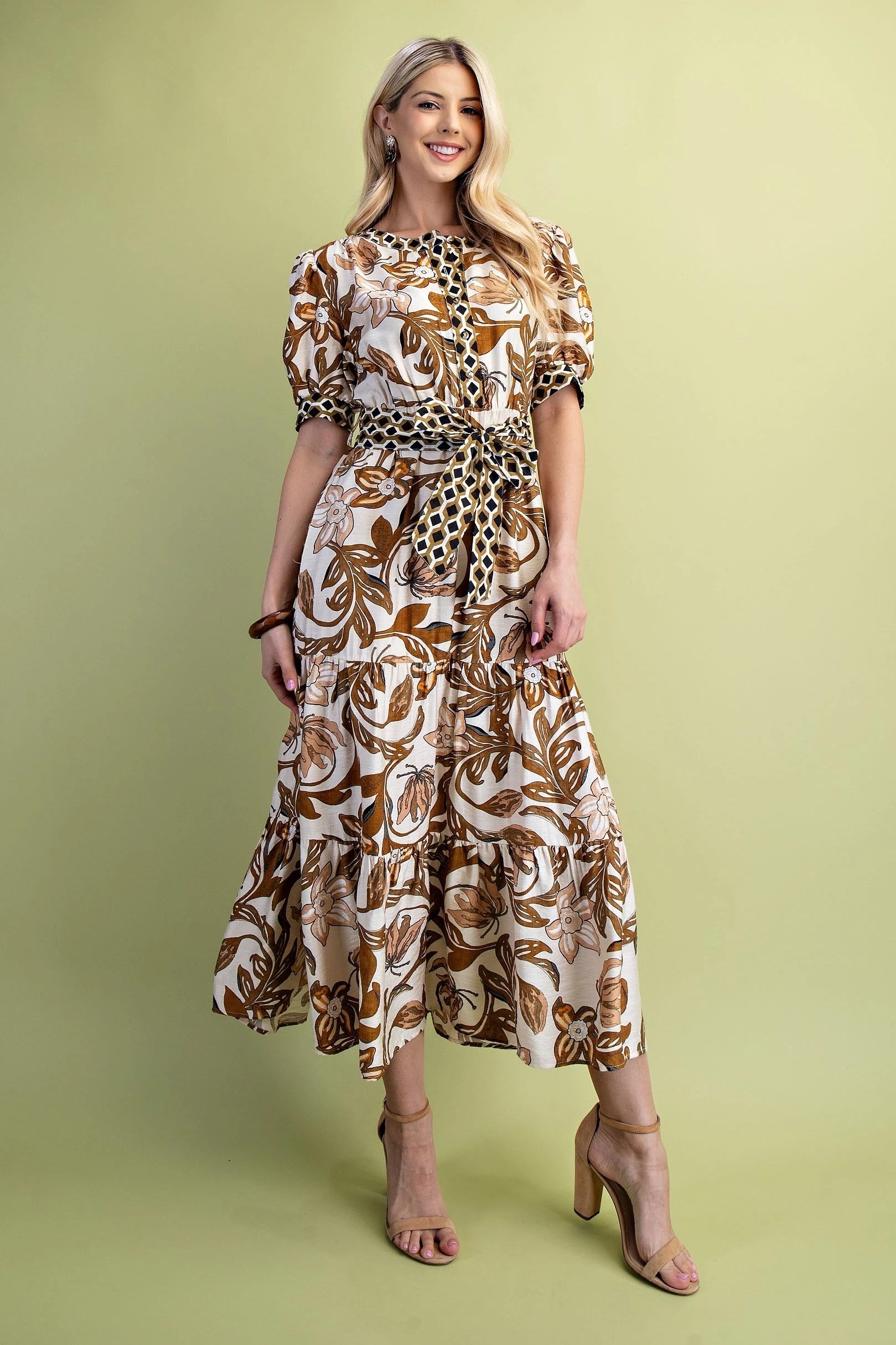 Brown Mix Floral Tiered Dress