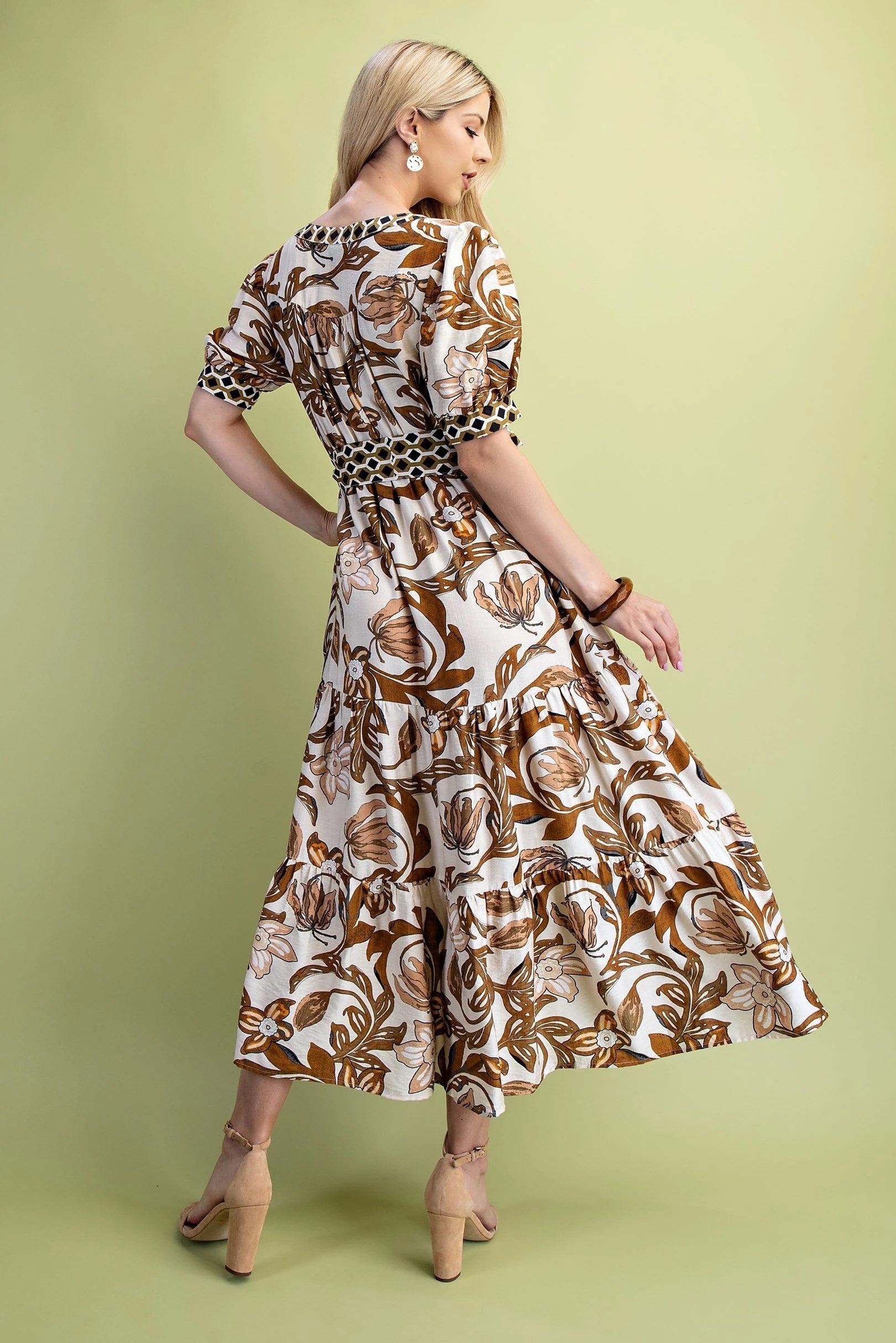 Brown Mix Floral Tiered Dress
