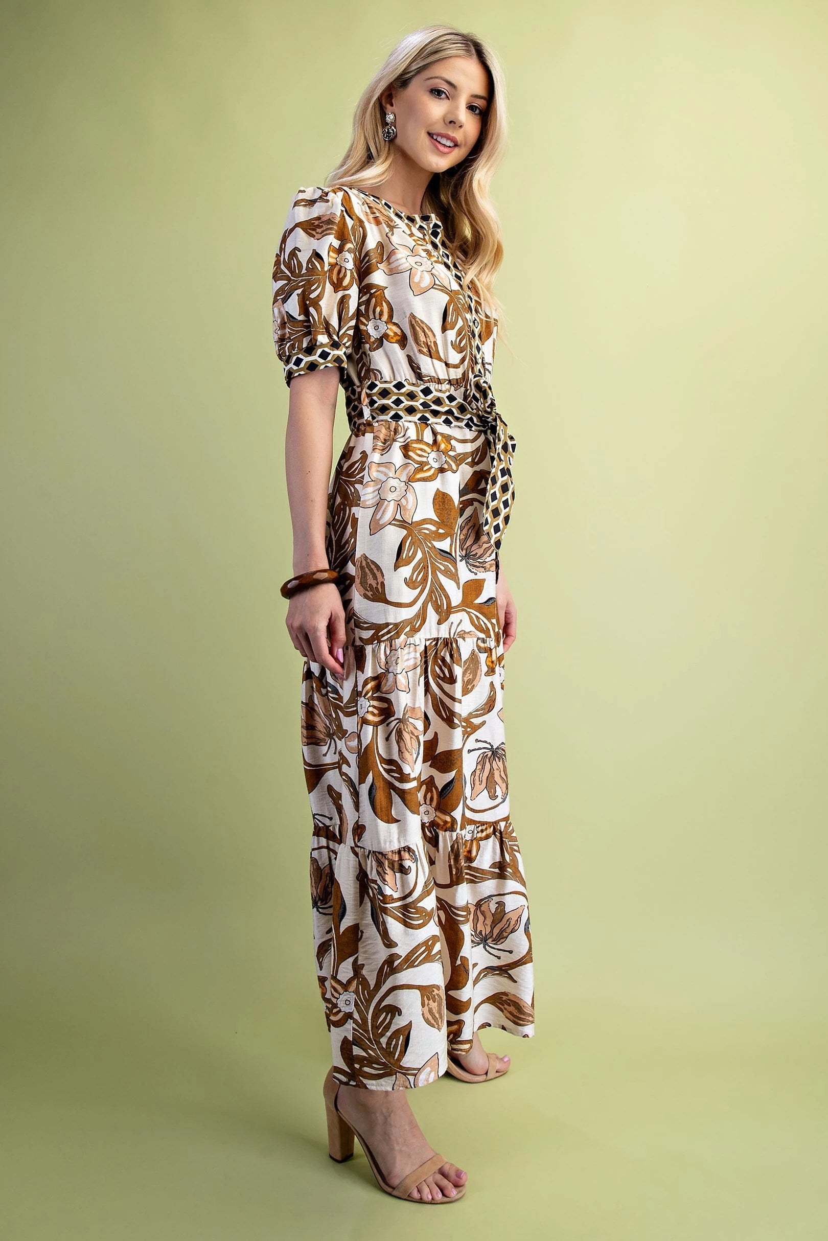 Brown Mix Floral Tiered Dress