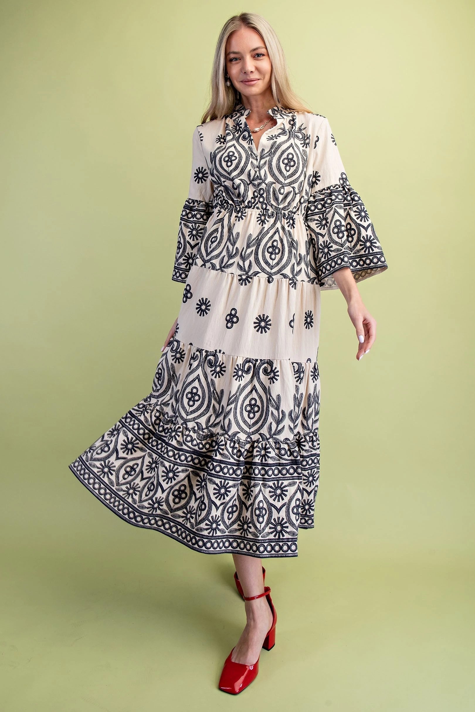 Cream w/ Black Textured Print Tiered Maxi Dress