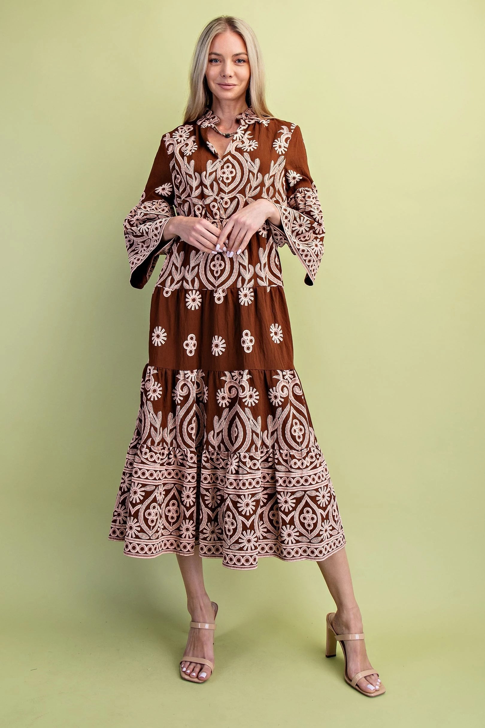 Rich Brown Textured Print Tiered Maxi Dress