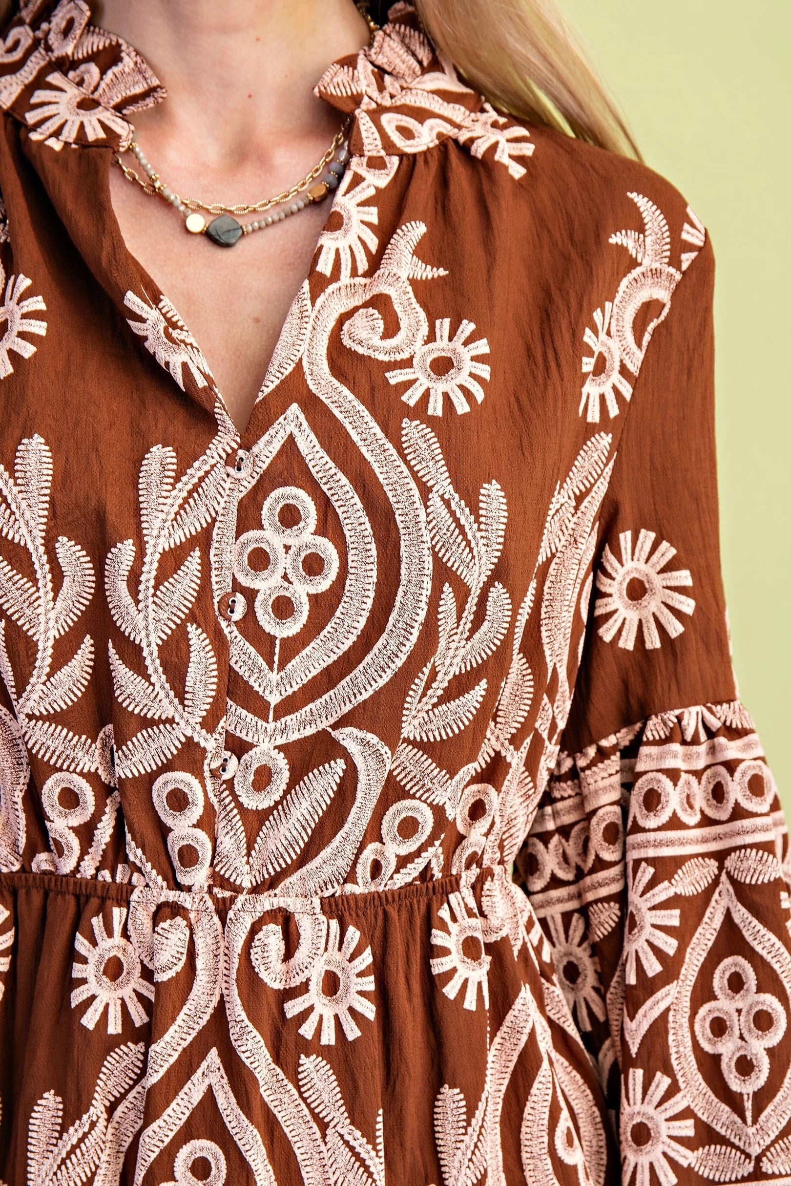 Rich Brown Textured Print Tiered Maxi Dress