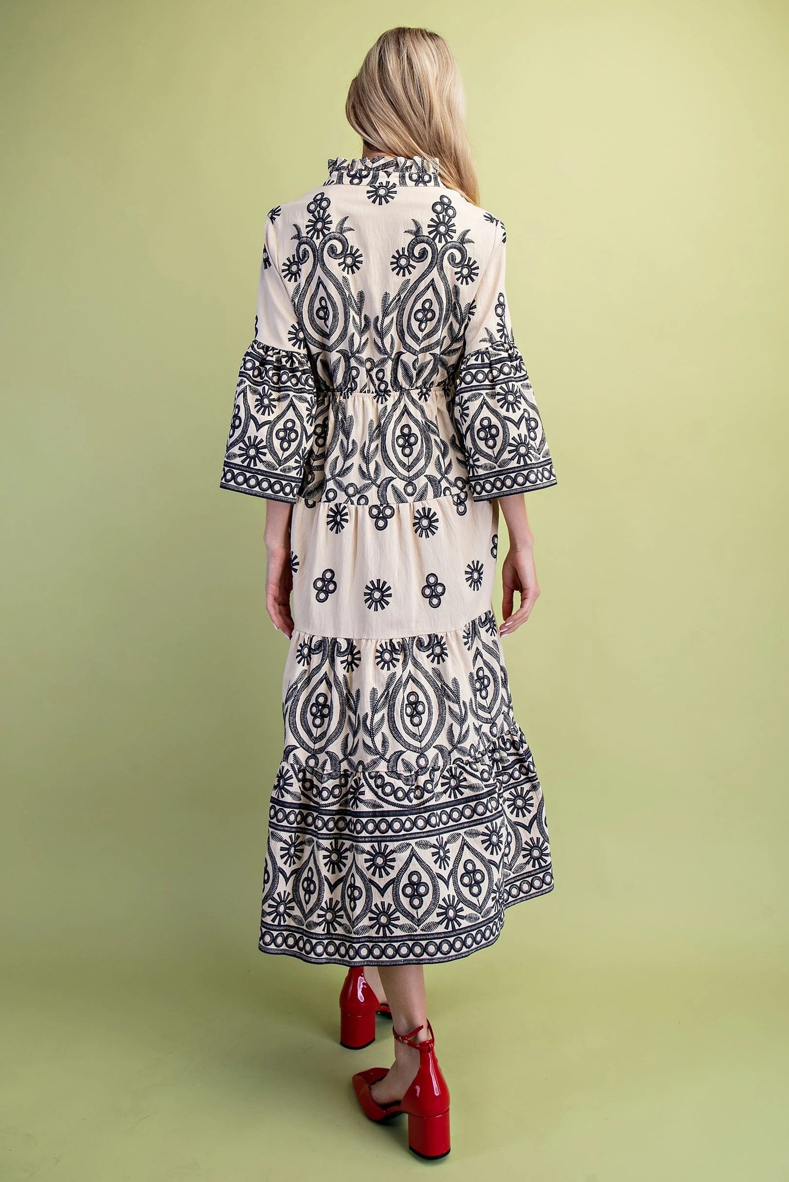 Cream w/ Black Textured Print Tiered Maxi Dress