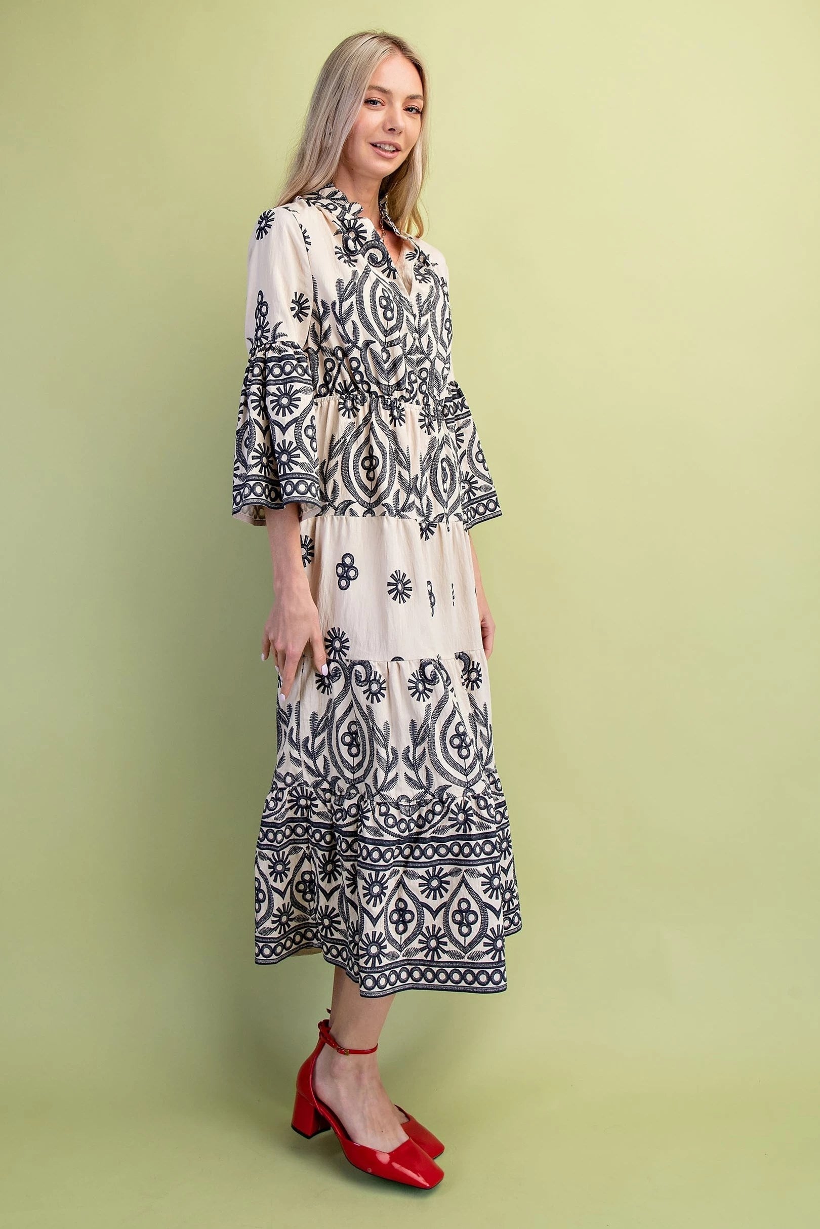 Cream w/ Black Textured Print Tiered Maxi Dress