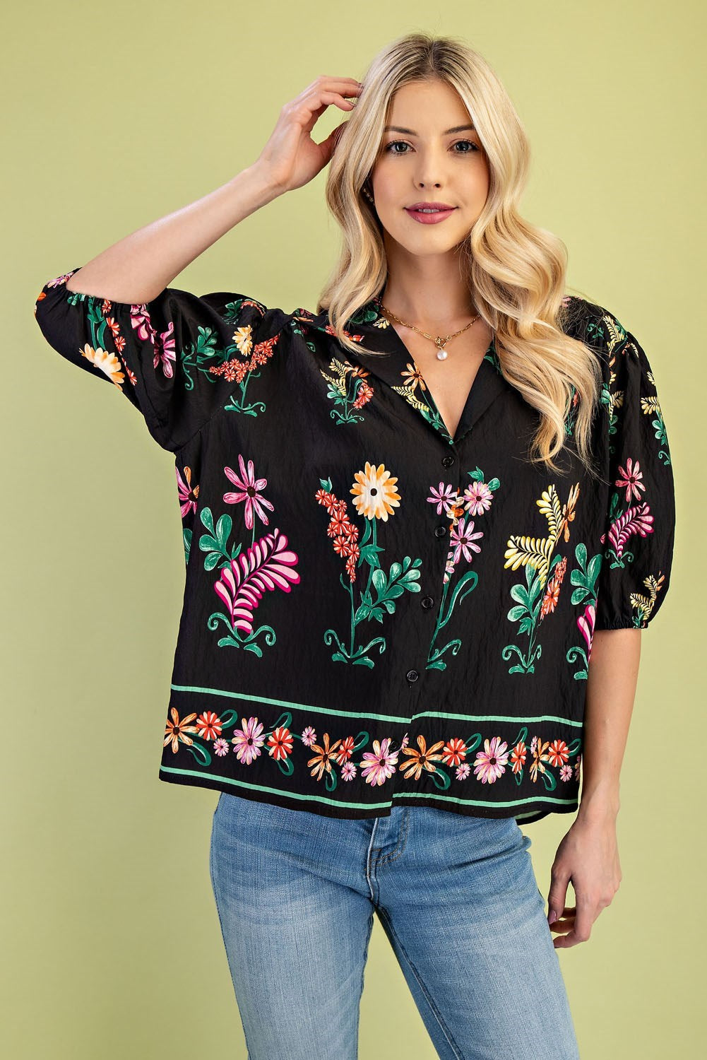 Floral Print Button-Up Blouse in Black