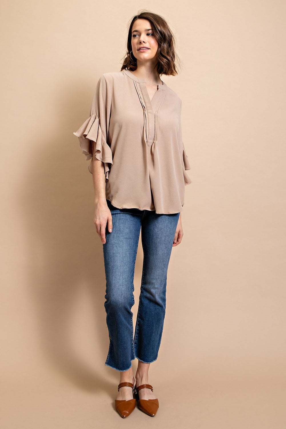 Classic Khaki Ruffled Bell Sleeve Top