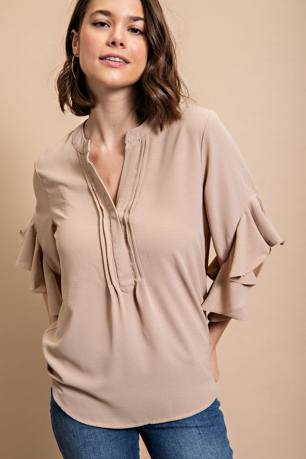 Classic Khaki Ruffled Bell Sleeve Top