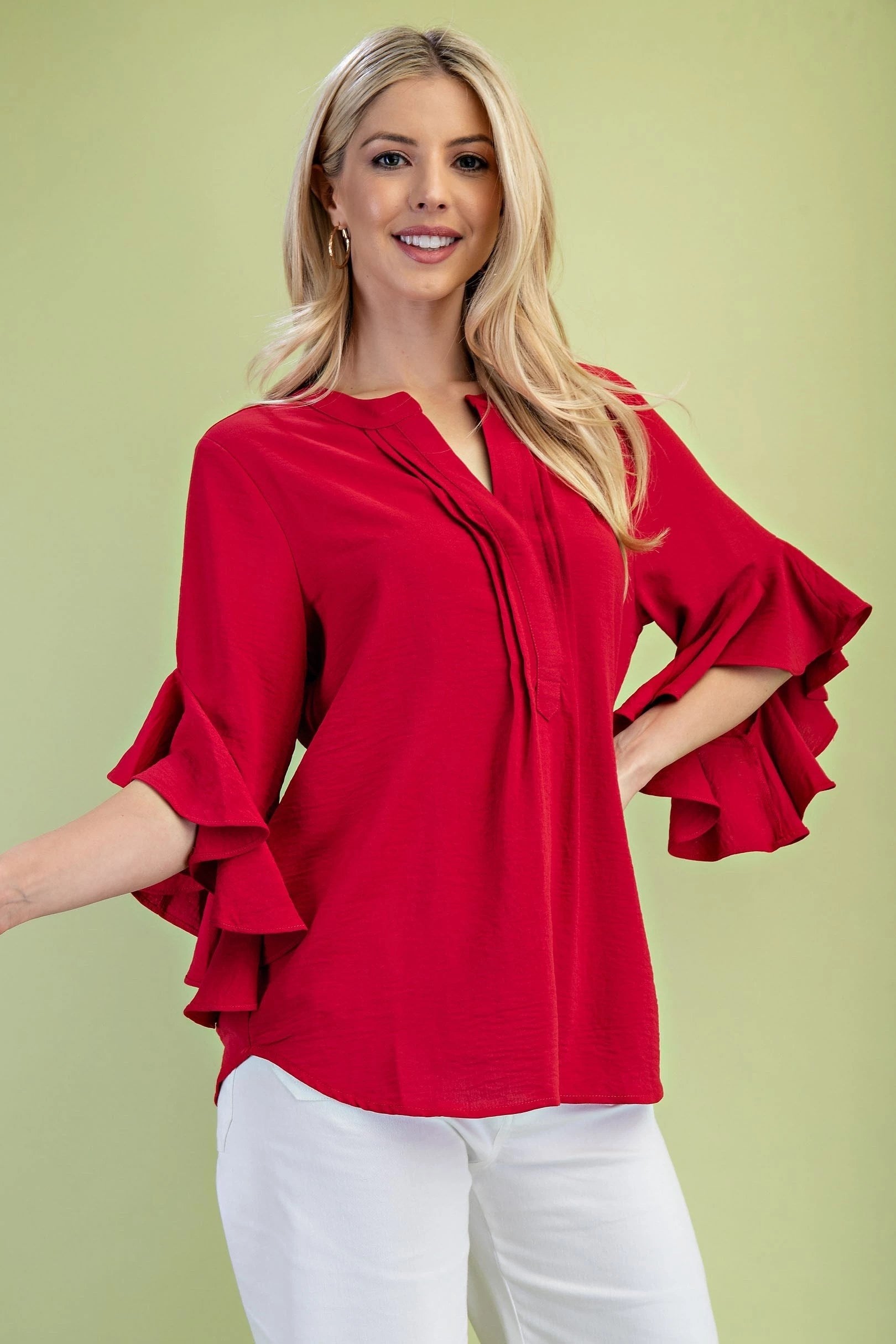 Vibrant Red Ruffled Bell Sleeve Top