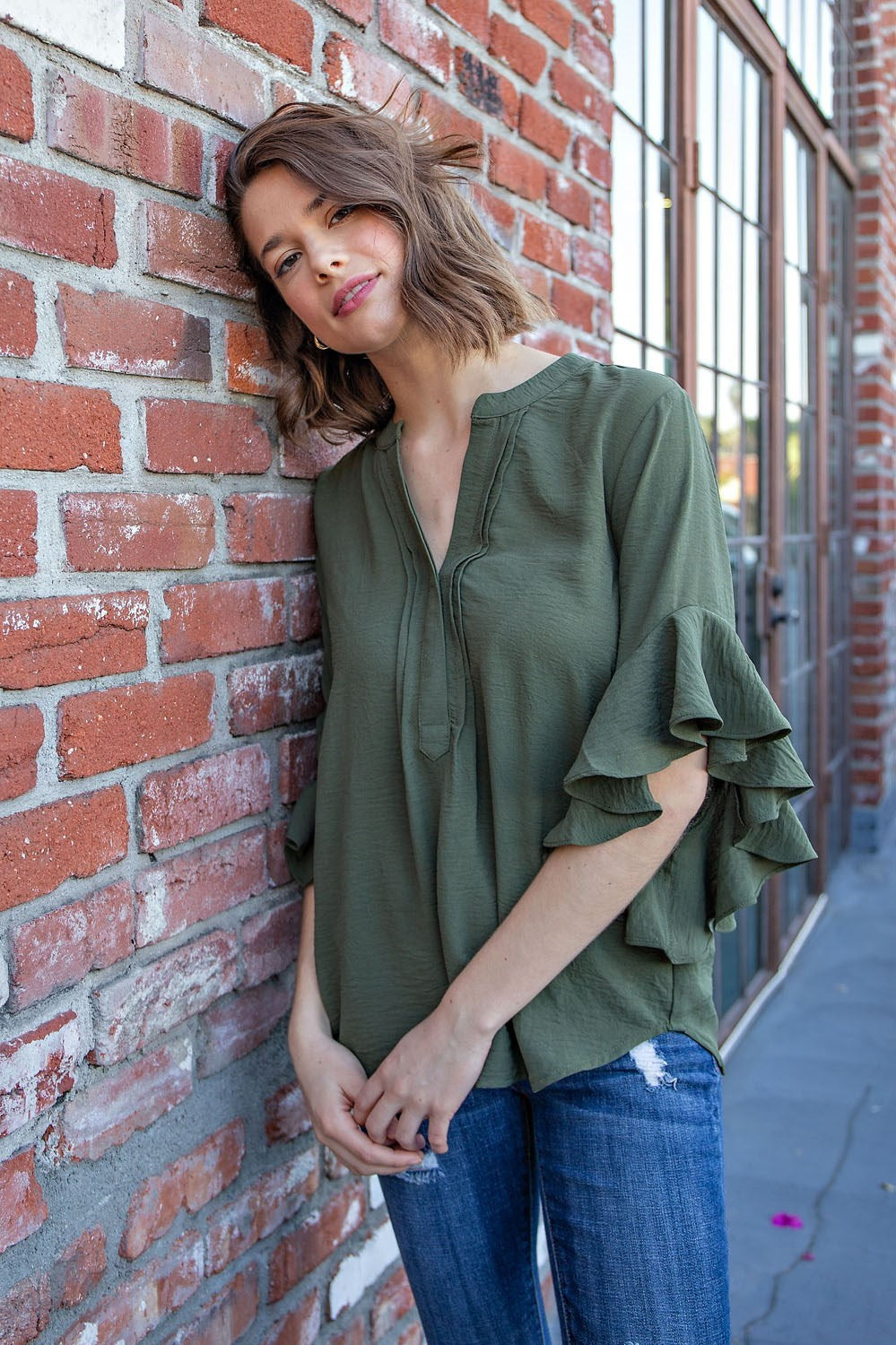 Olive Green Ruffled Bell Sleeve Top
