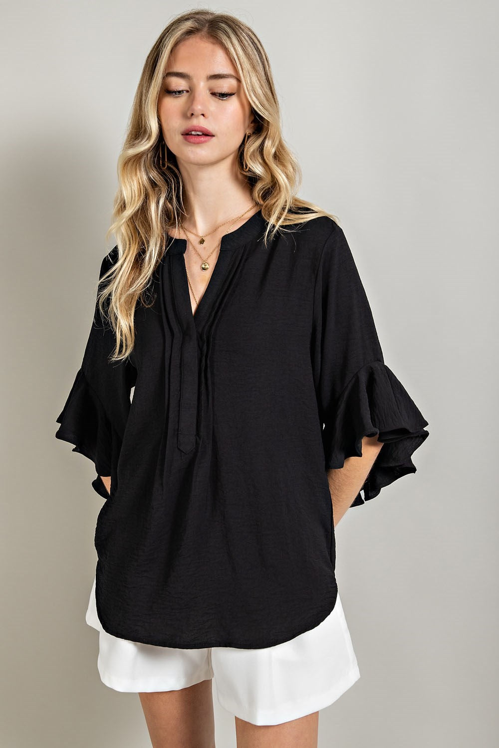 Classic Black Ruffled Bell Sleeve Top
