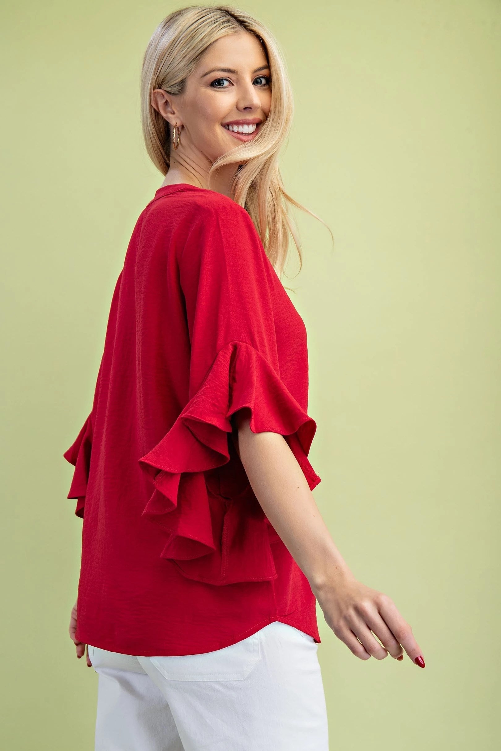 Vibrant Red Ruffled Bell Sleeve Top