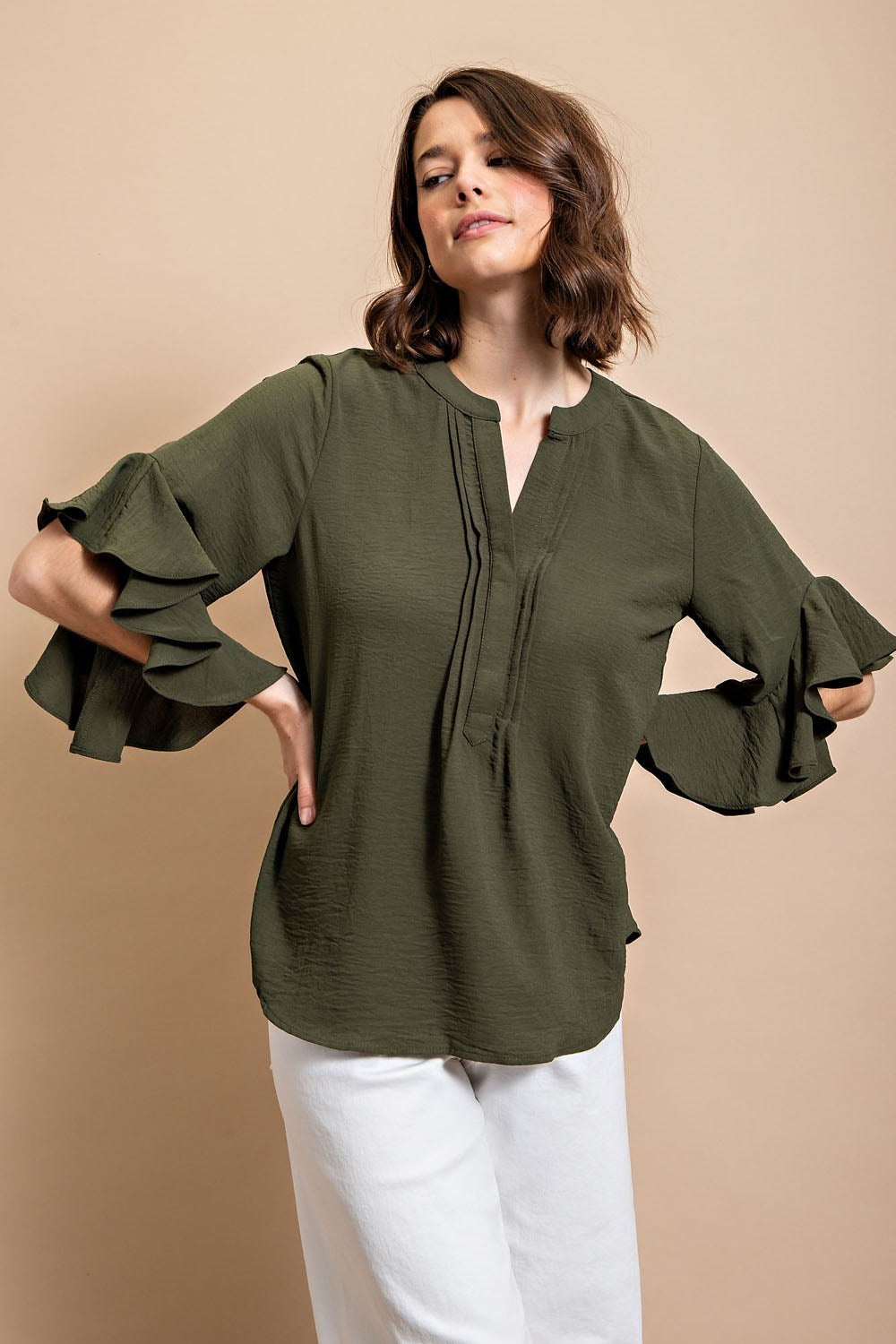 Olive Green Ruffled Bell Sleeve Top