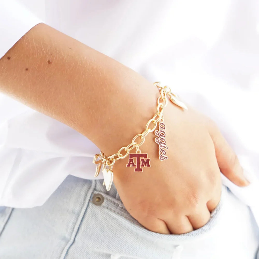 Texas A&M Aggies Enamel Icons Charm Bracelet in Shiny Gold