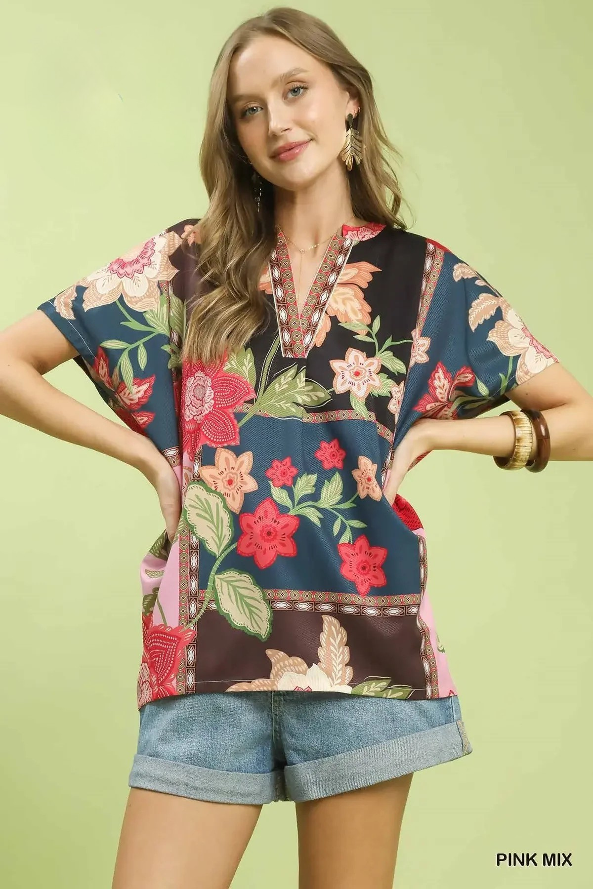 Bold Floral Patchwork Short Sleeve Top