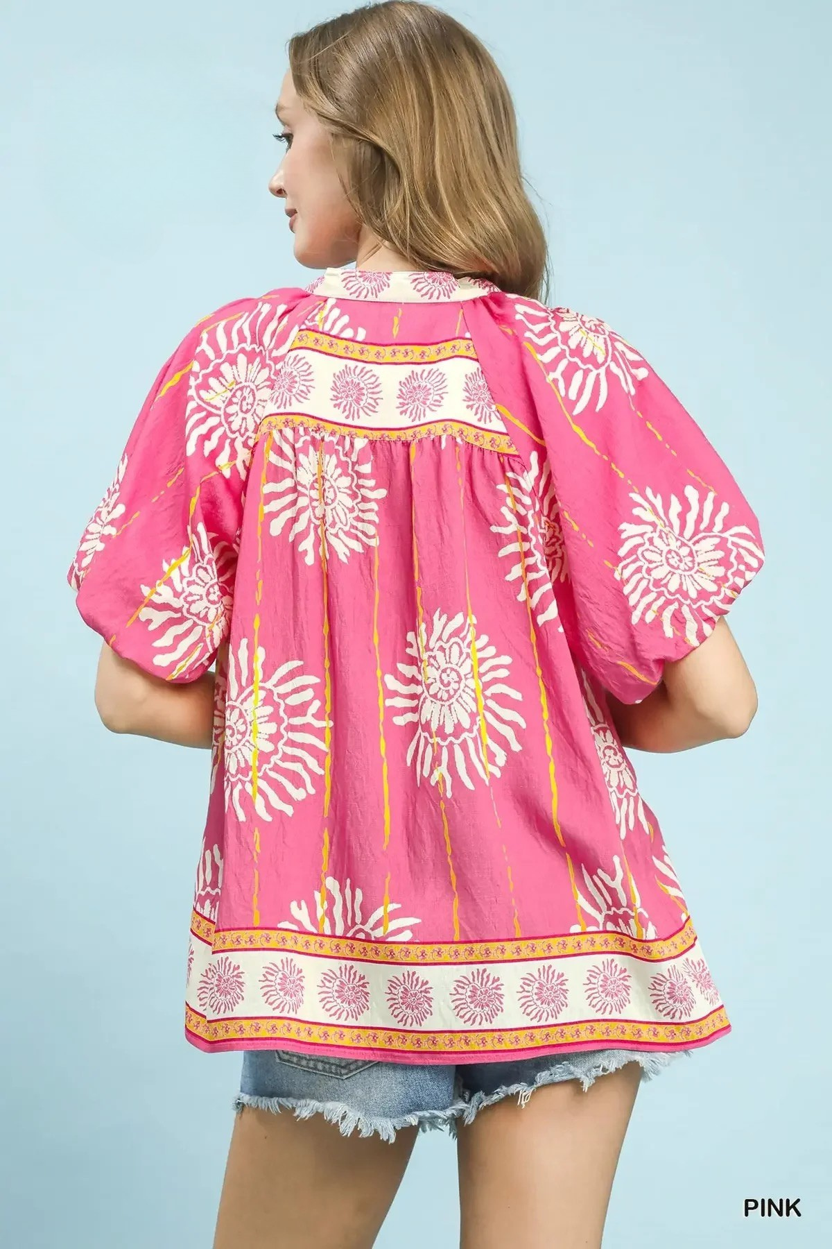 Bright Pink  Floral Smocked V-Neck Blouse