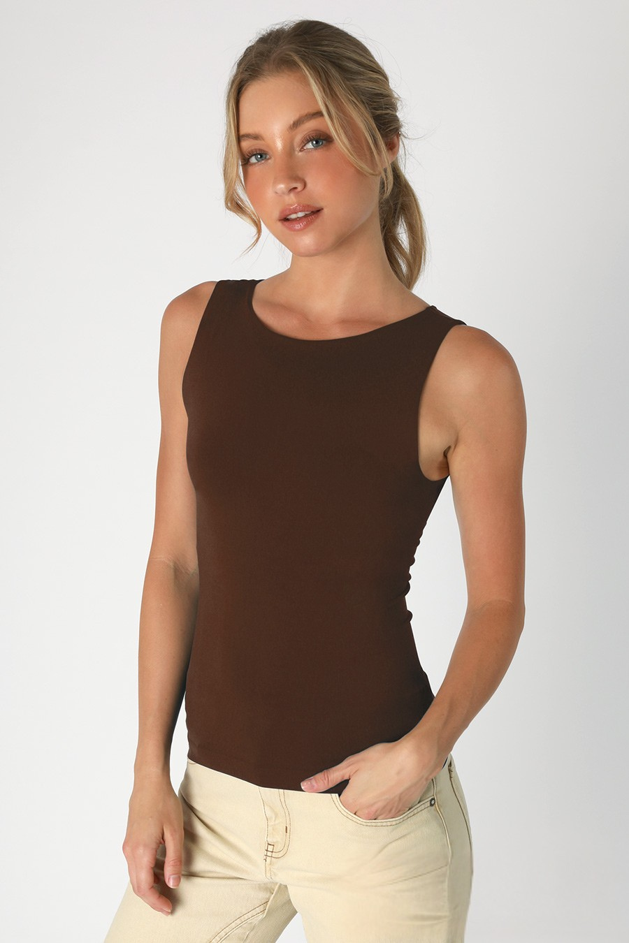 Clean Line Boat Neck Tank- Coffee Bean