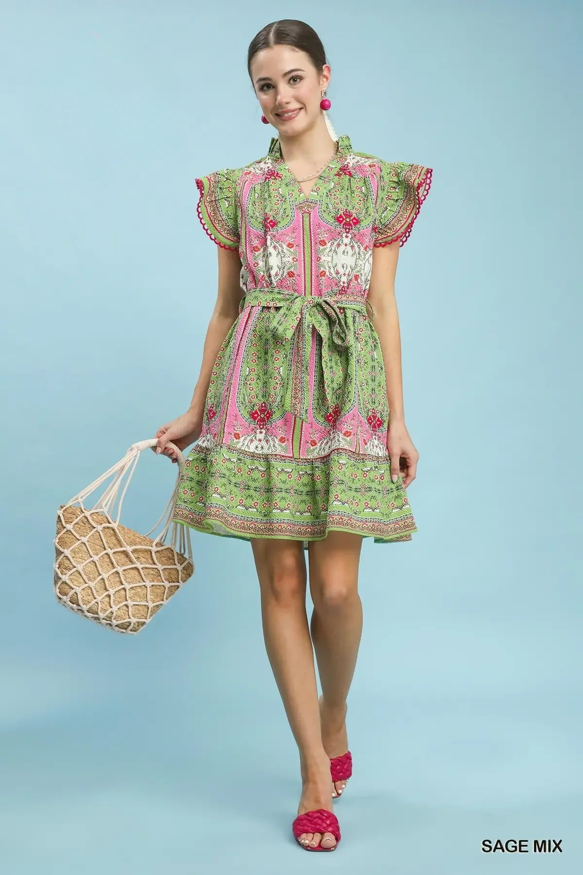 Sage Mix Print Ruffle Sleeve Dress
