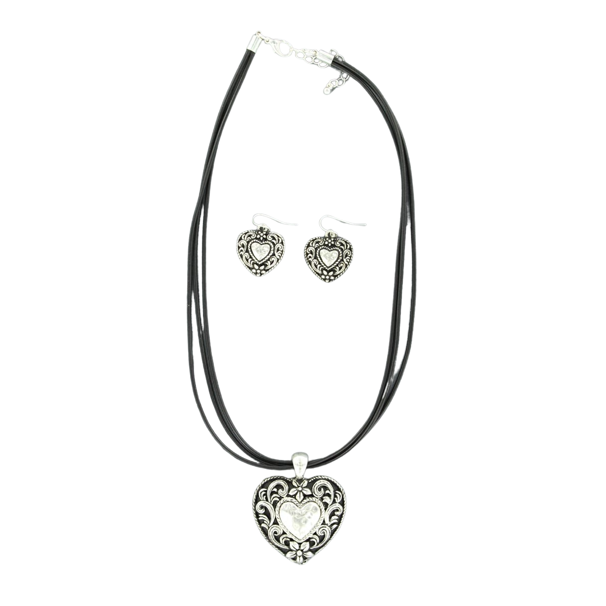 Leather Corded Silver Heart Jewelry Set