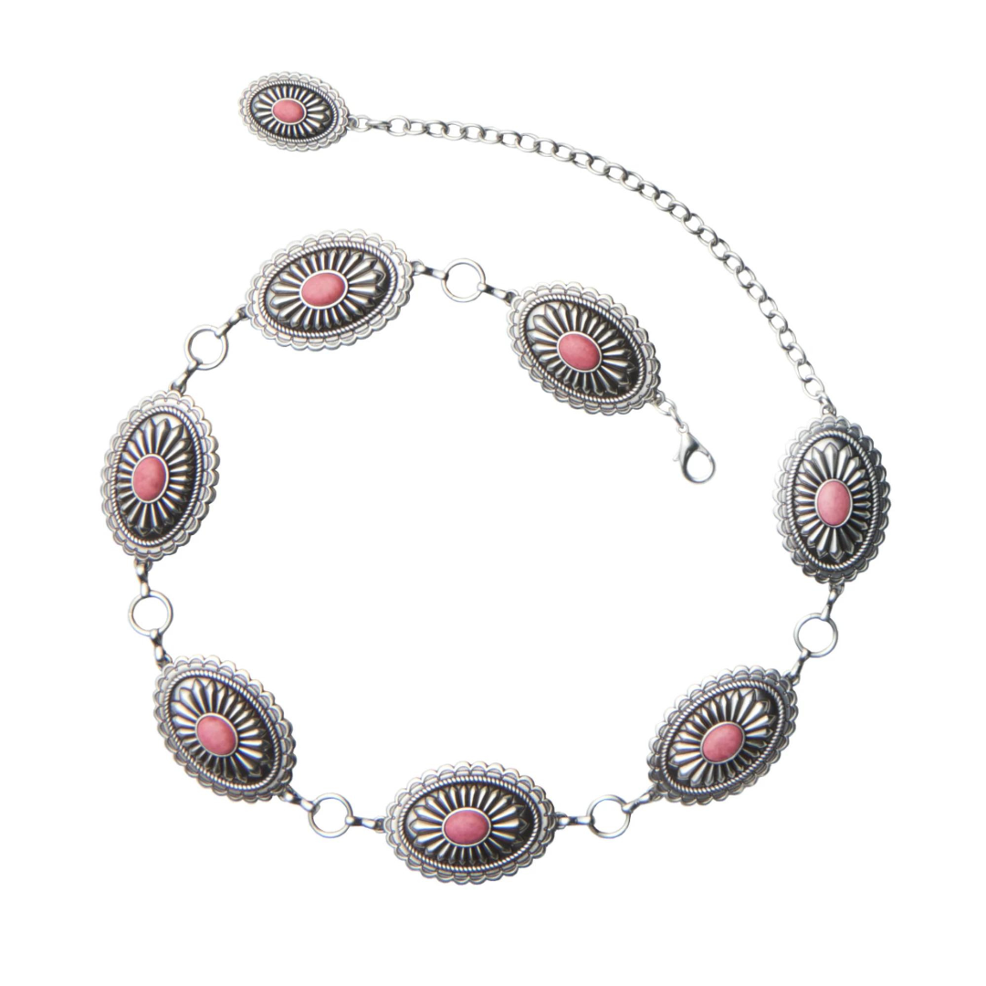Ariat Women's Etched Silver Oval Rosy Pink Stone Centered Concho Link Chain Belt