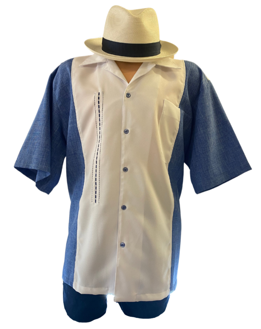 Blue w/ White Cuban Shirt Collar Guayabera