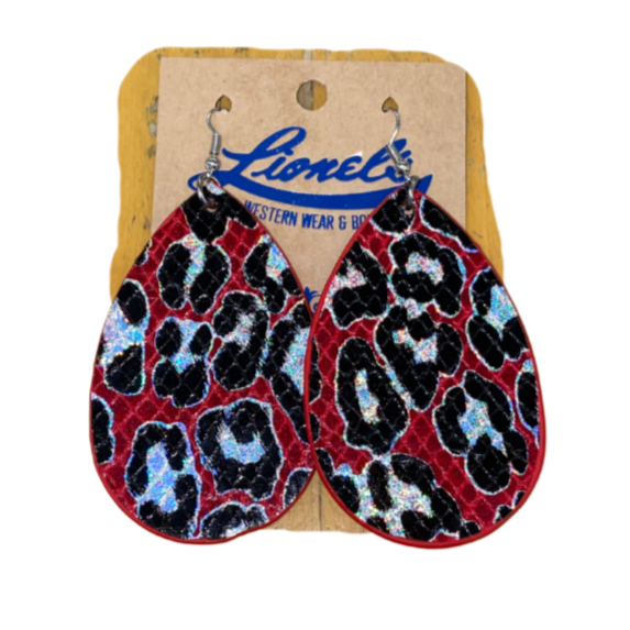 Red Teardrop Earrings w/blk Iridescent Cheetah