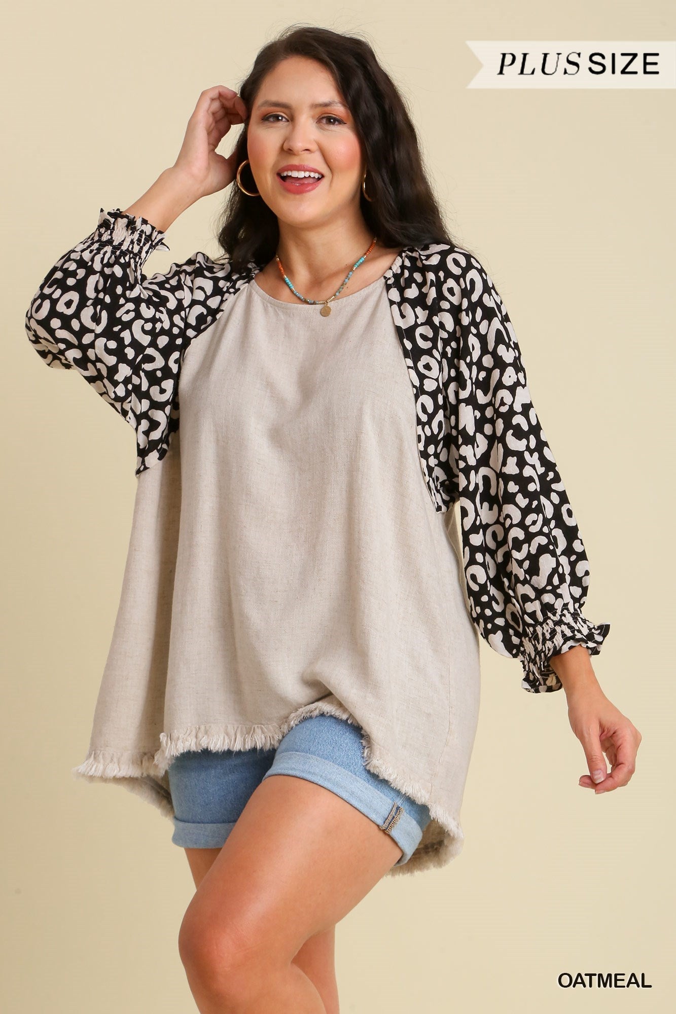 Oatmeal Linen Blend Top w/ Animal Print Sleeves