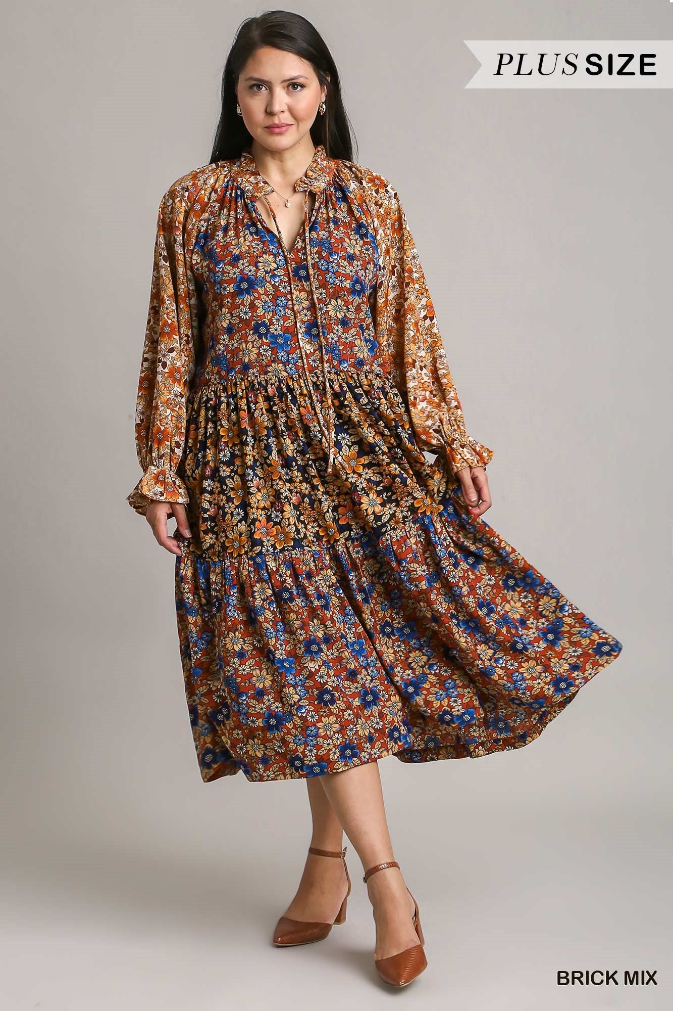 Brick Floral Metallic Mixed Print Midi Dress