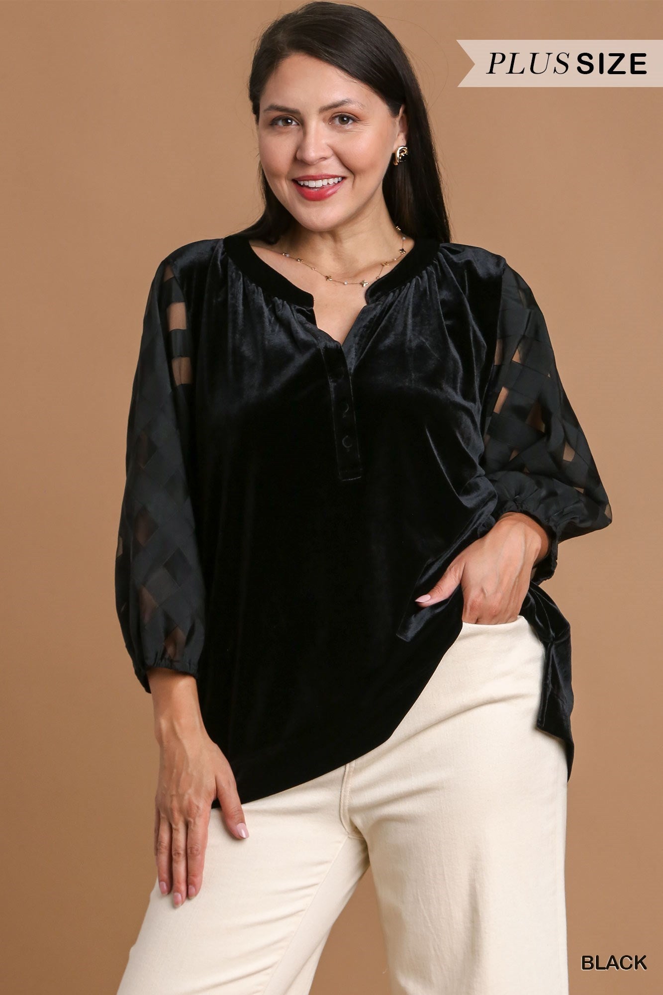 Black Velvet Top w/ Organza Puff Sleeves