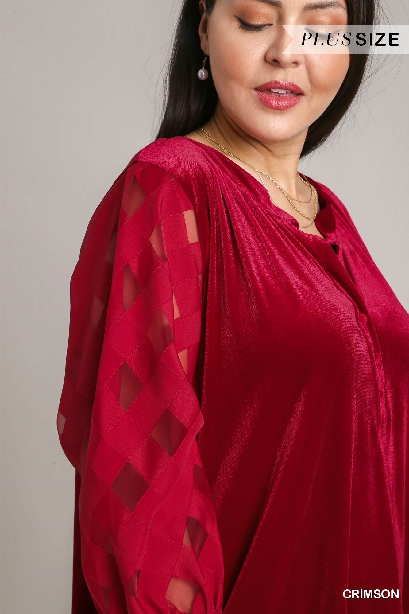 Crimson Velvet Top w/ Organza Puff Sleeves