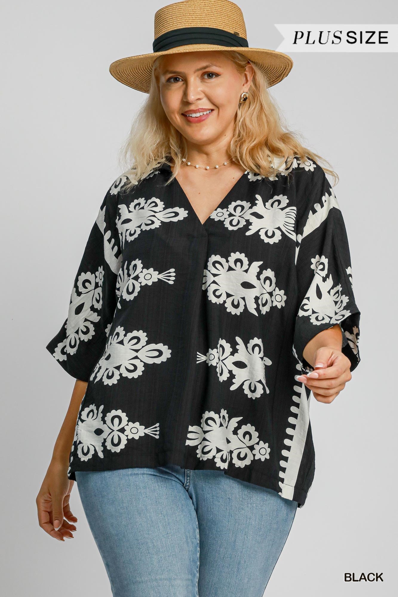 Black & Cream Border Print Oversized Top