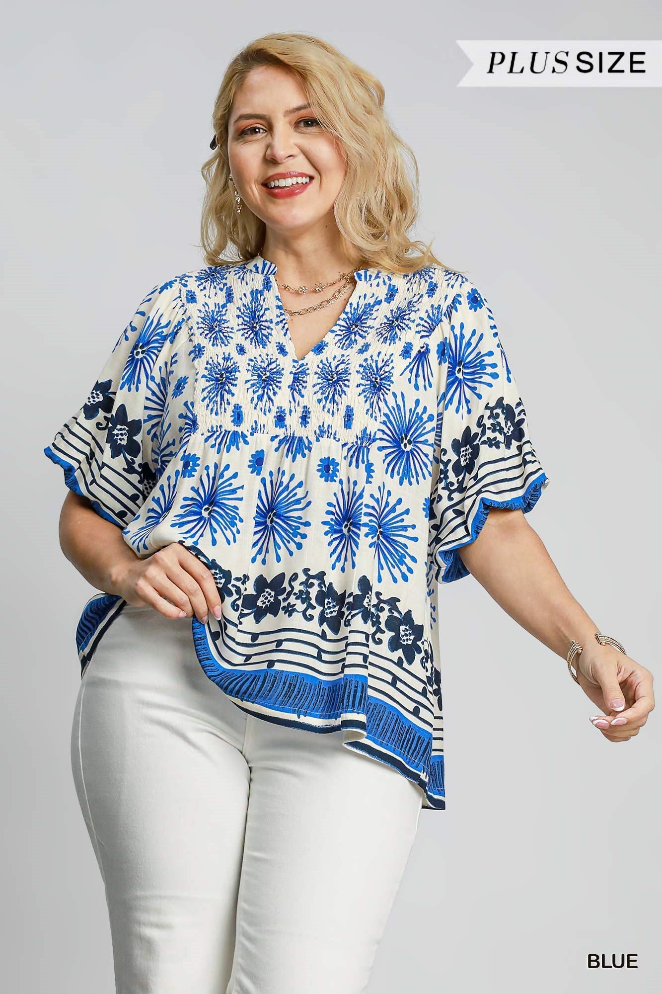 Blue Mixed Border Print Smocked Top