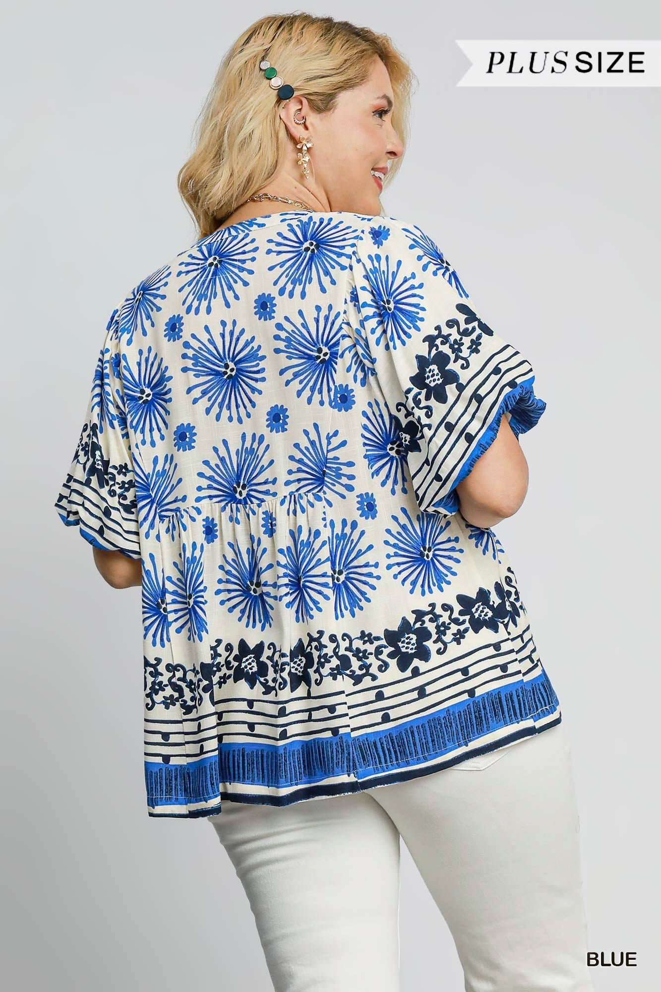 Blue Mixed Border Print Smocked Top