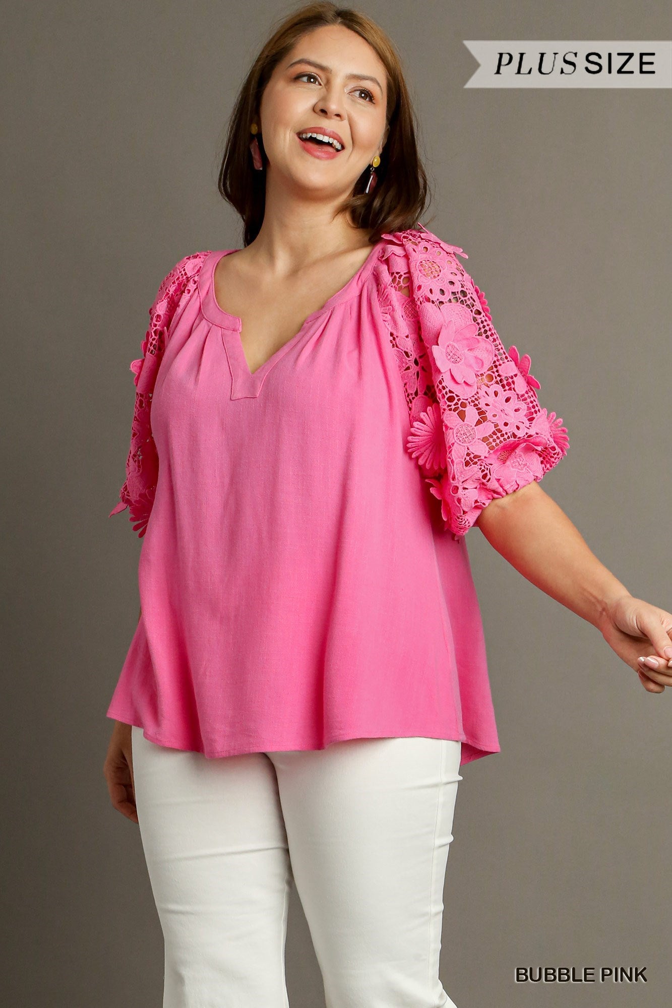 Bubble Gum Pink Linen Blend Top w/ Floral Lace Puff Sleeves