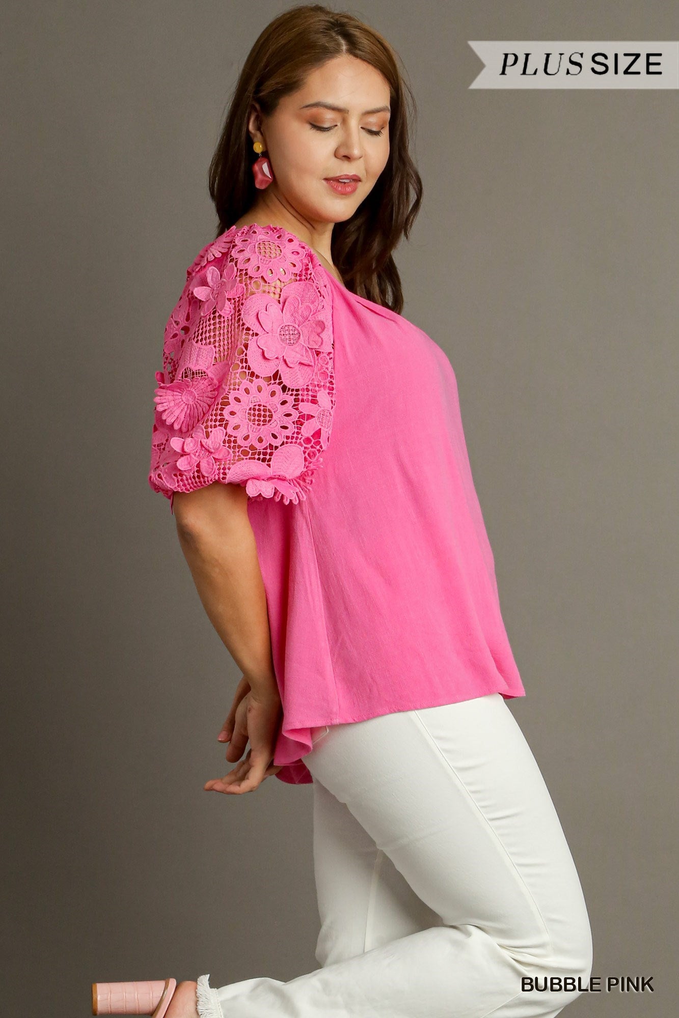 Bubble Gum Pink Linen Blend Top w/ Floral Lace Puff Sleeves