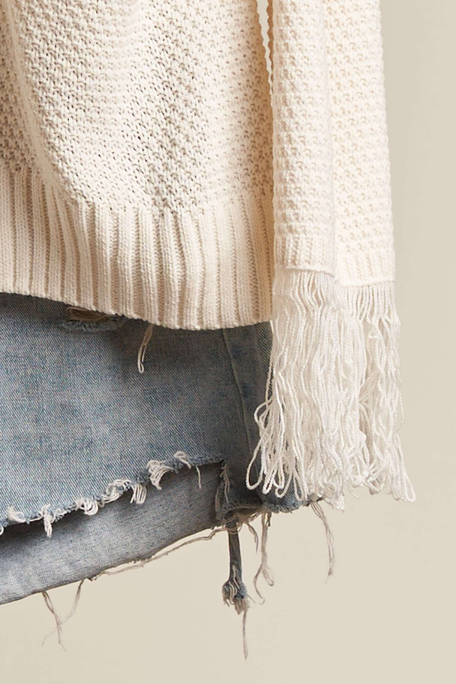 Ivory Cable Knit Fringed Sweater