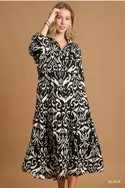 Black & White Printed Tiered Maxi Dress